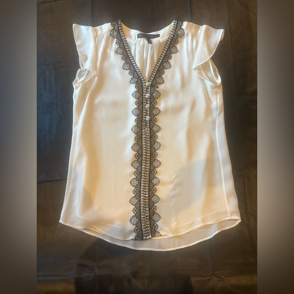 White House Black Market Ecru White Lace Trim Cap-Sleeve Blouse Size 0